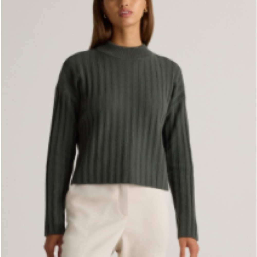 Quince Mongolian Cashmere Wide-Rib Cropped Mock Neck Sweater - Moss